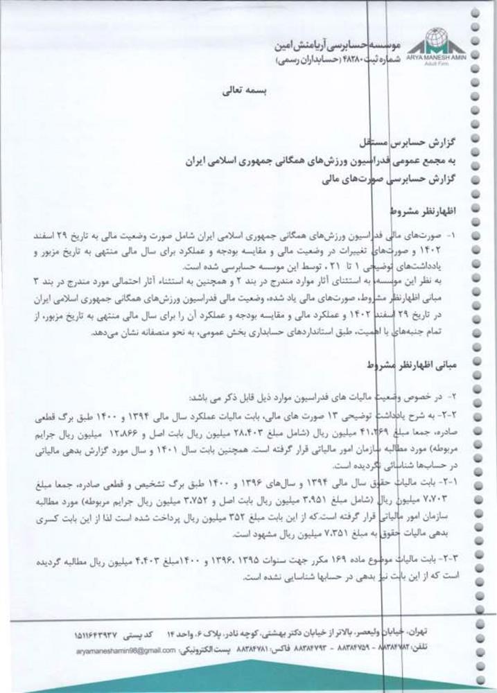 گزارش حسابرس مستقل فدراسیون ورزش‌های همگانی جمهوری اسلامی ایران